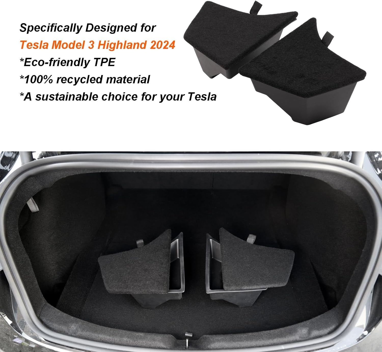 Ultimate Waterproof Trunk Organizer for 2024 Tesla Model 3 Highland - Odorless Side Storage Boxes & Carpeted Rear Bins