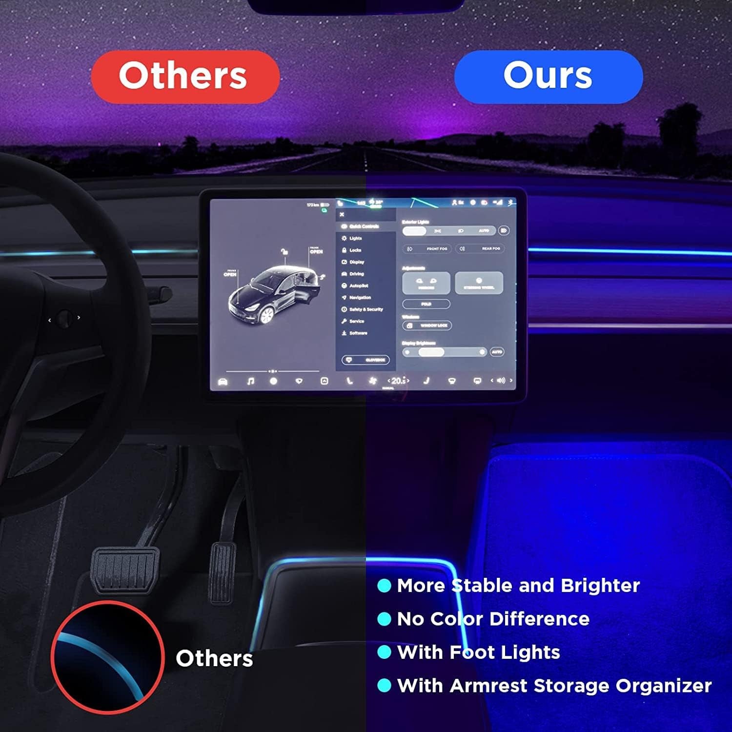 Tesla Model 3 and Y Ambient Interior Lighting Kit (2021-2023) - App-Controlled RGB LED Strip Lights with Center Console, Dashboard, and Foot Lights, Includes Matching Armrest Organizer