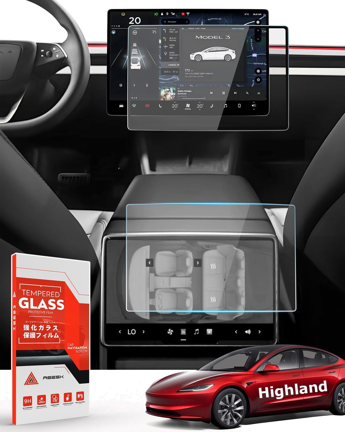 Screen Protector for Model 3 2024, 15" Touchscreen & 8" Rear Screen,Silk-Print Tempered Glass Protective Film Compatible with Tesla Model3,Anti-Scratch Model 3 Highland Accessories