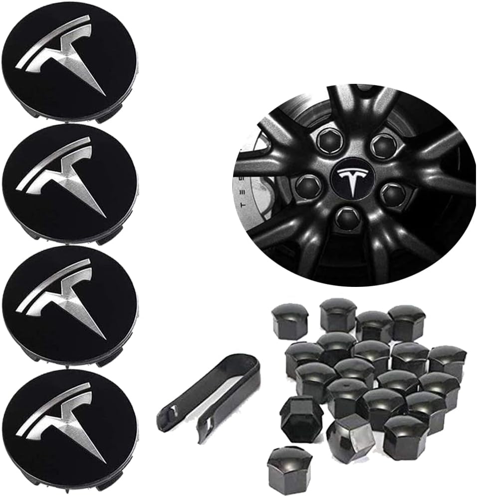 Upgrade Your Tesla with Premium Aero Wheel Center Hub Caps - Set of Tesla Logo Caps & Lug Nut Covers (Silver) for Model 3, S & X