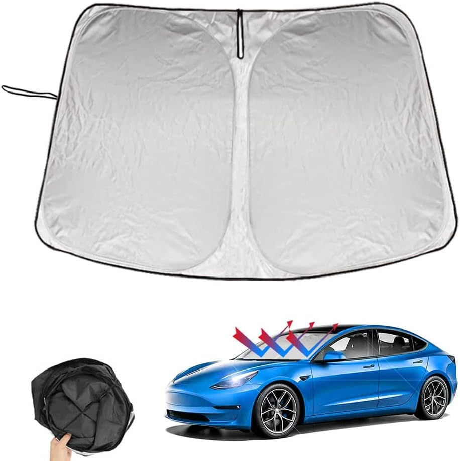 Premium Foldable Sunshade for Tesla Model 3 & Model Y - 210T Double Layer Heat Shield with Elastic Fastening and Storage Bag