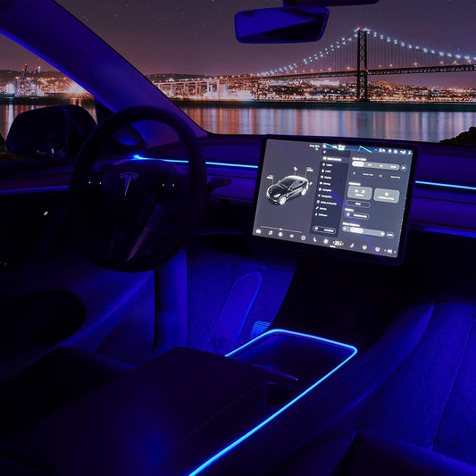 Tesla Model 3 and Y Ambient Interior Lighting Kit (2021-2023) - App-Controlled RGB LED Strip Lights with Center Console, Dashboard, and Foot Lights, Includes Matching Armrest Organizer