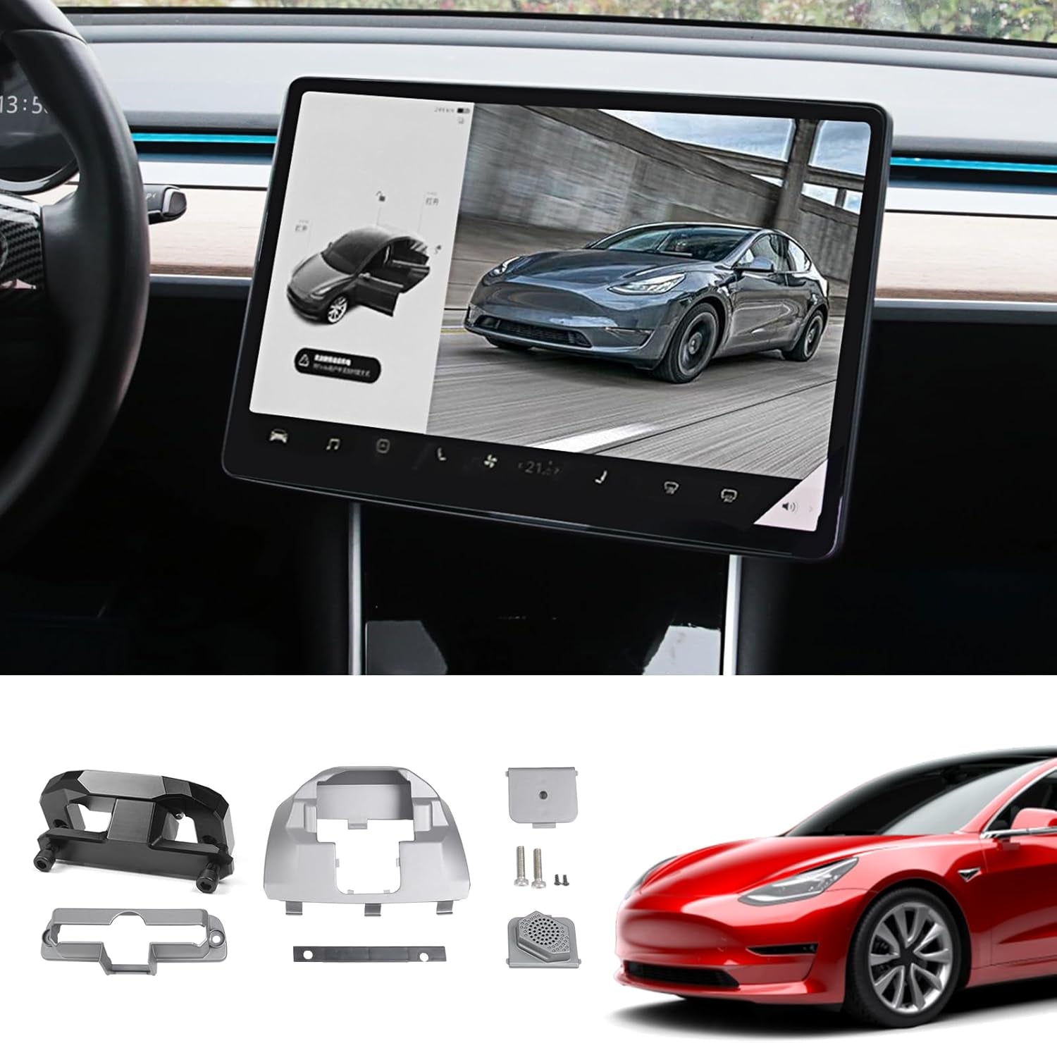 Screen Swivel Mount Compatible with Tesla Model 3 2017-2023 & Model Y 2020-2025 Center Console Navigation Original Silver Screen Rotating Holder Model Y 2025 Accessories (Four Directions)