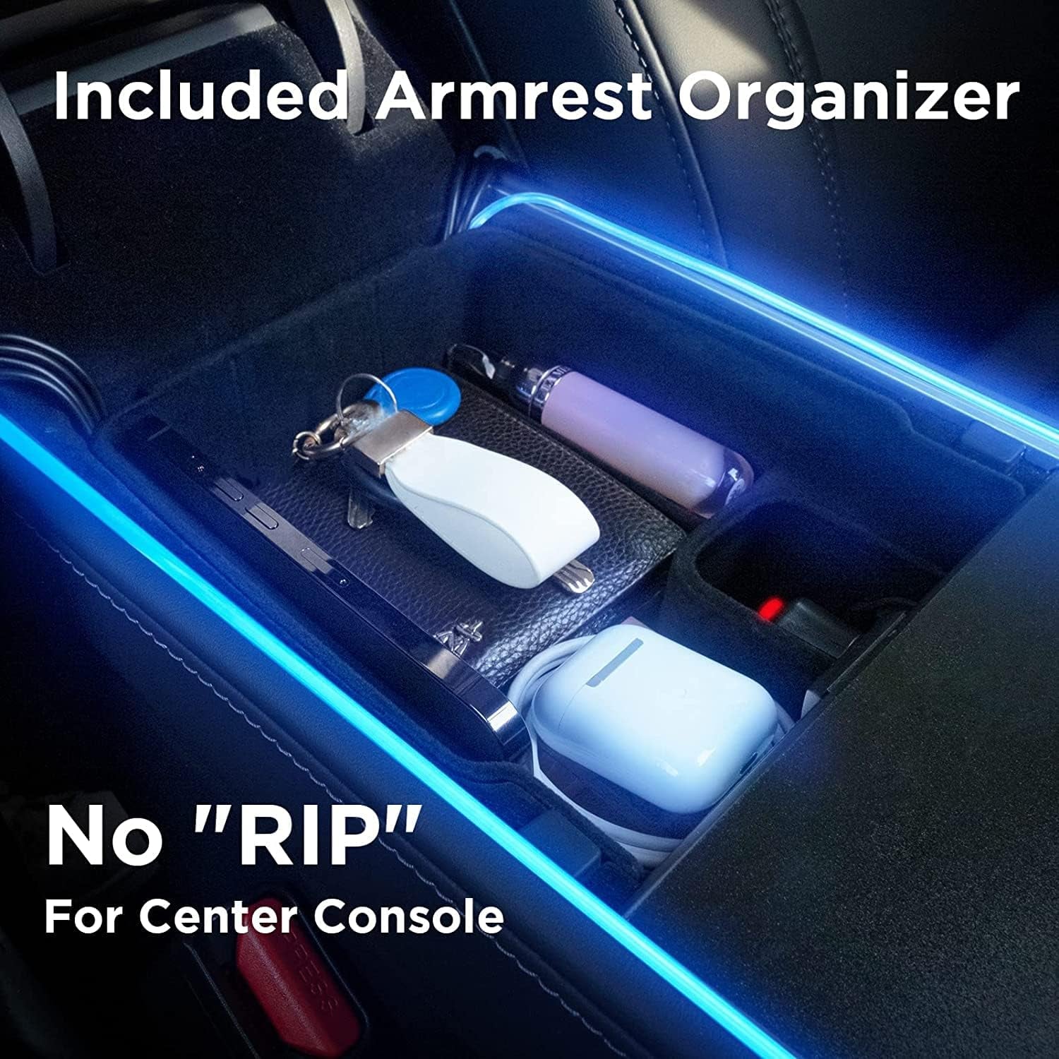 Tesla Model 3 and Y Ambient Interior Lighting Kit (2021-2023) - App-Controlled RGB LED Strip Lights with Center Console, Dashboard, and Foot Lights, Includes Matching Armrest Organizer