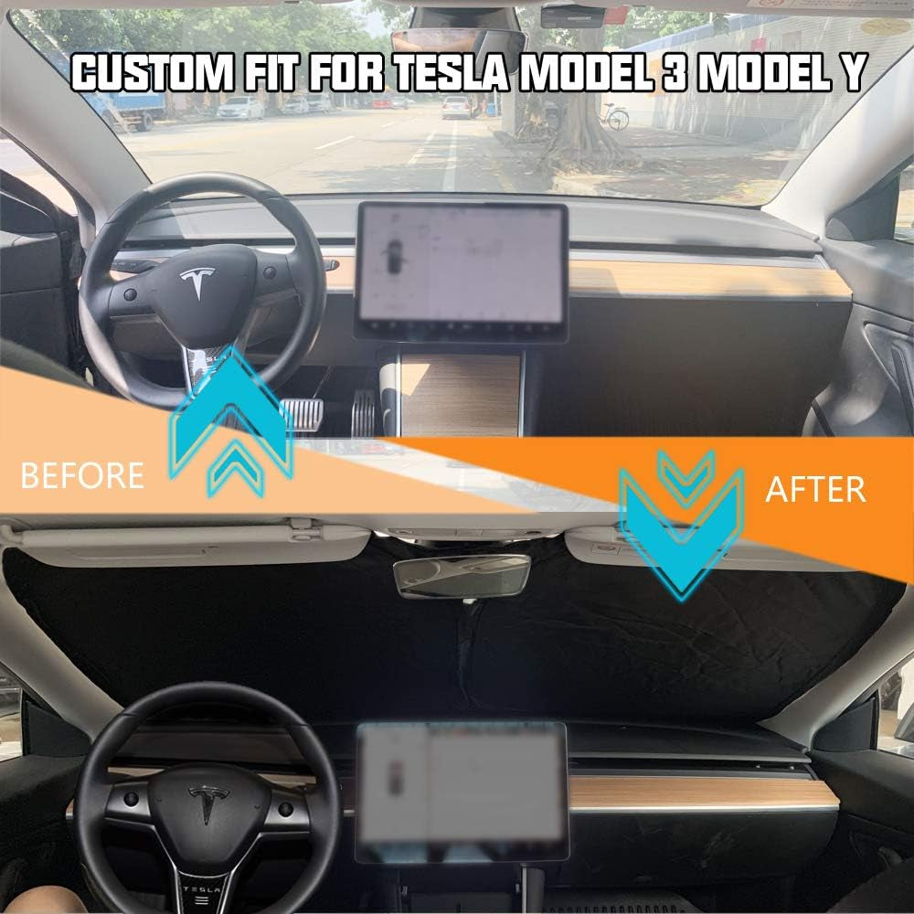 Premium Foldable Sunshade for Tesla Model 3 & Model Y - 210T Double Layer Heat Shield with Elastic Fastening and Storage Bag