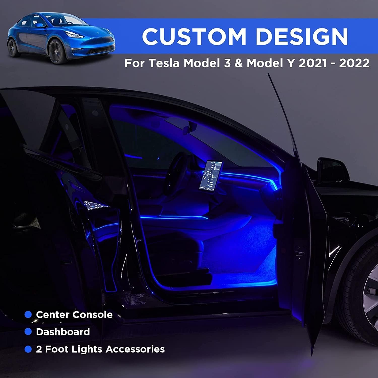 Tesla Model 3 and Y Ambient Interior Lighting Kit (2021-2023) - App-Controlled RGB LED Strip Lights with Center Console, Dashboard, and Foot Lights, Includes Matching Armrest Organizer