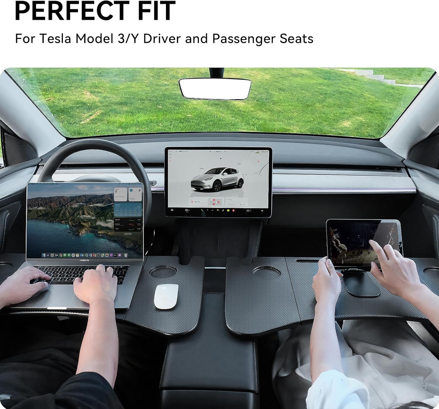 Tesla Model Y and Model 3 Carbon Fiber Foldable Laptop Desk - Versatile Tray for Dining, Work, and Travel - 2024 Accessory