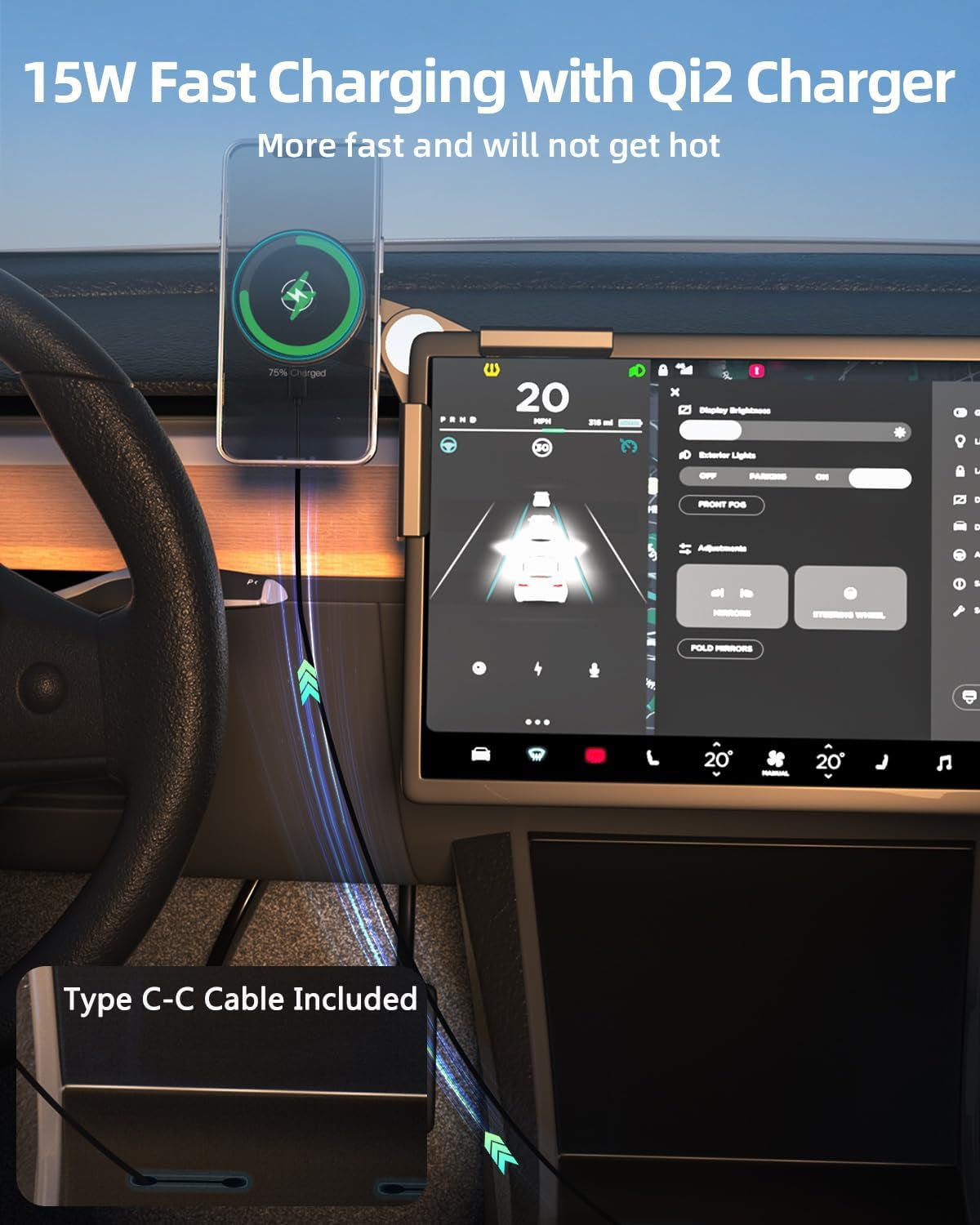 15W Magnetic Wireless Charger for Tesla - Qi2 Phone Holder and Mount for iPhone 16 Pro Max, 15, 14, 13, 12 Series - Ideal Accessory for Model Y and Model 3