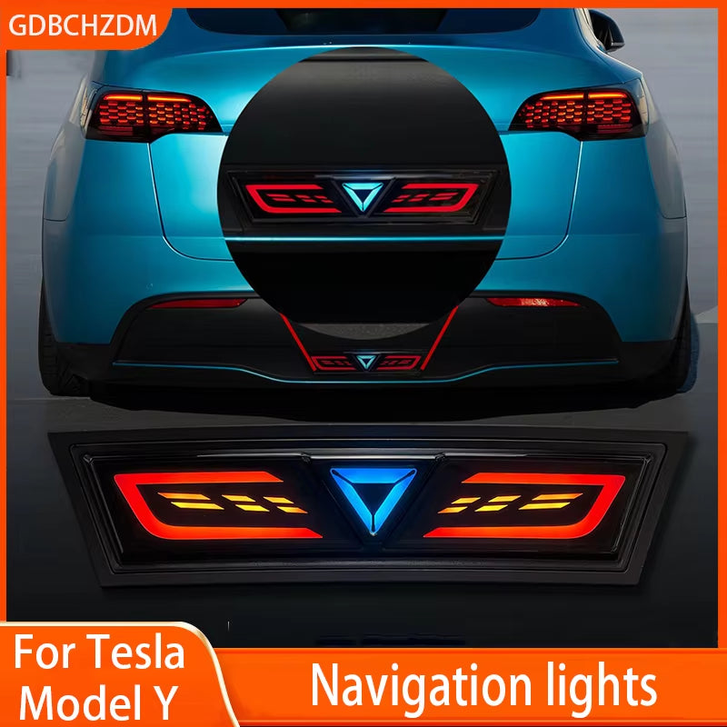 Tesla Model Y Compatible Navigation and Rear Bumper LED Lights with Flowing Turn Signals and Brake Light Modification